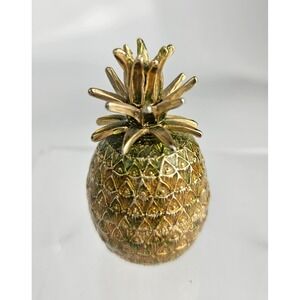 Monet Enameled Pineapple Keepsake Pill‎ Trinket Box Gold Tone